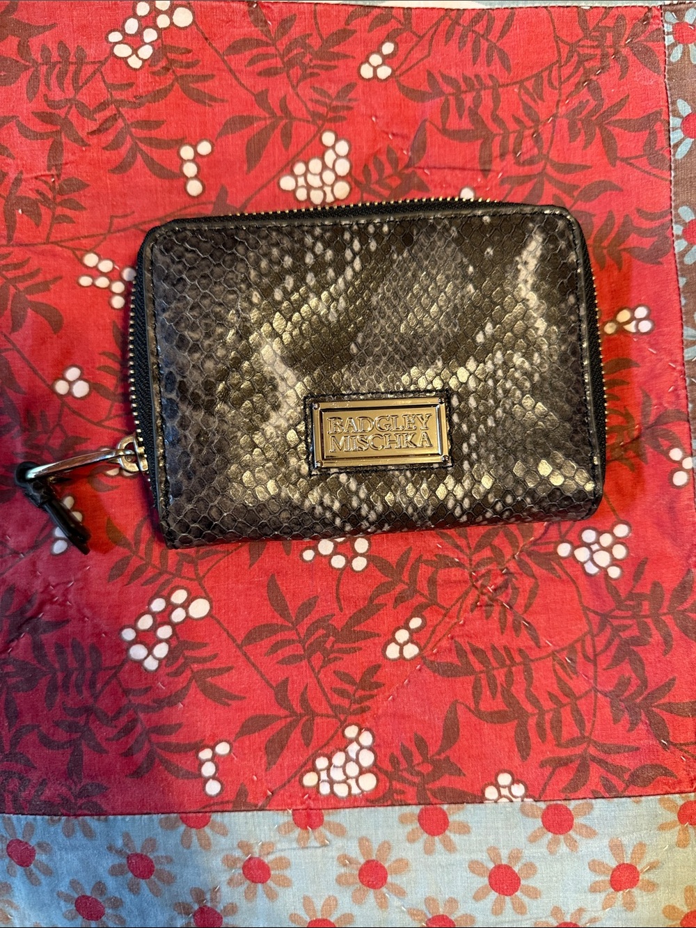 Badgley Mischka Black Snake-Embossed Zip Card Wallet with Gold Plaque
